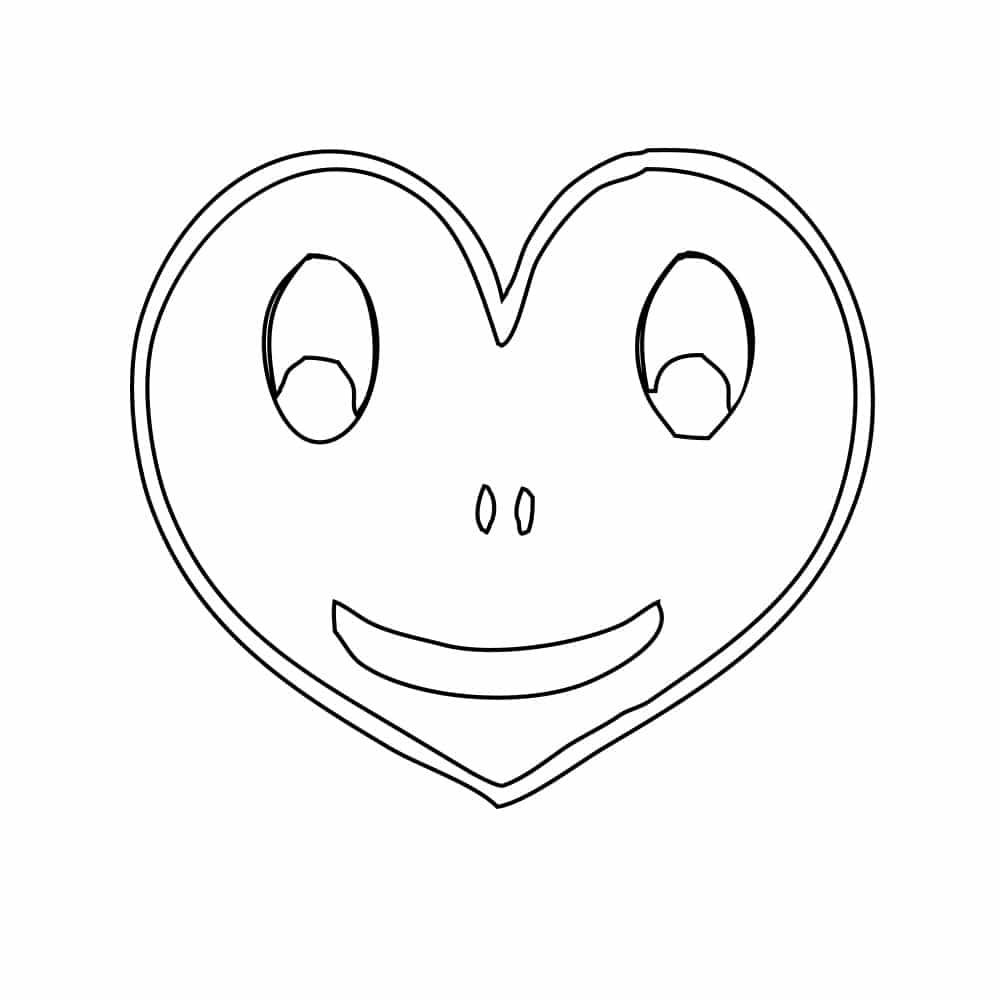 Yazdırılabilir kalp şablonu: kocaman gözleri, küçük burnu ve gülen ağzıyla yüzlü kalp, boyama için