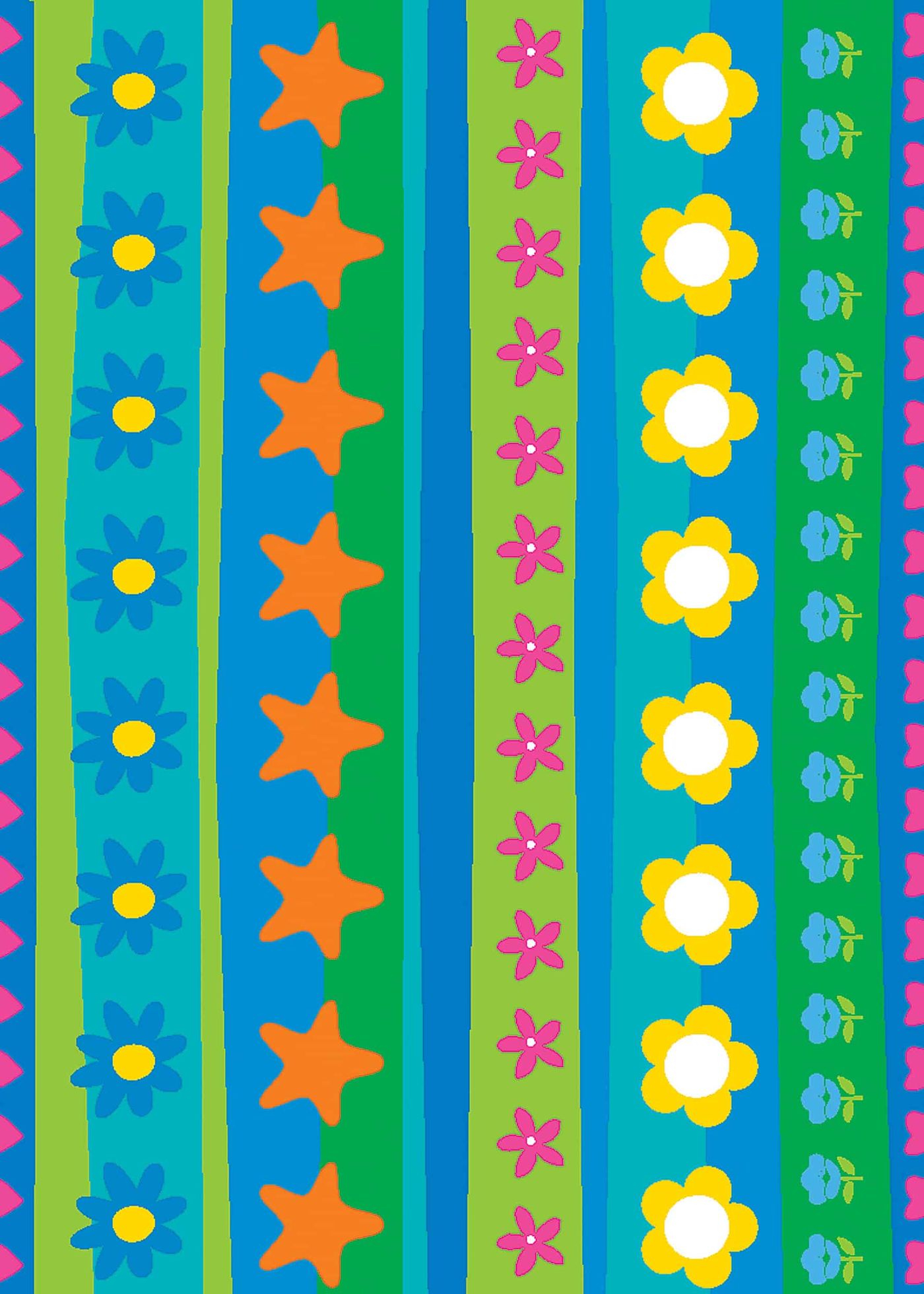 Yazdırılabilir desenli kağıt şablonu: turkuaz ve yeşil dikey bantlarda dizili turuncu yıldızlar, sarı-beyaz çiçekler