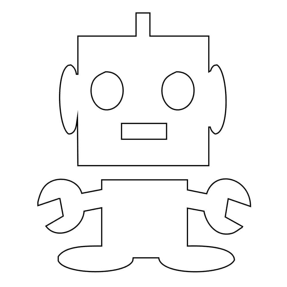 Yazdırılabilir robot şablonu: anten, kare kafa, yuvarlak gözler ve İngiliz anahtarı biçiminde kollar