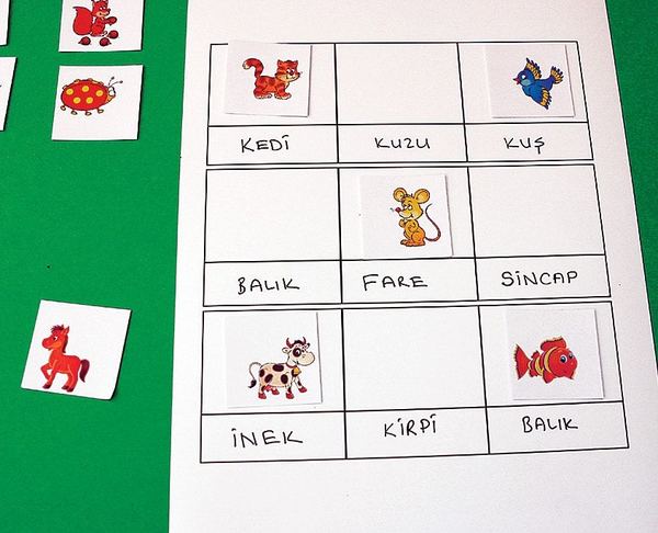 Aile içinde oynanan resimli tombala: hayvan adlı kartta kedi, kuş, fare, inek ve balık resimleri