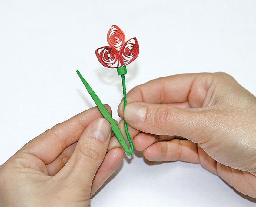 Tamamlanan quilling lale: kırmızı spiral taç, yeşil krepon sap ve uzun sivri yaprak