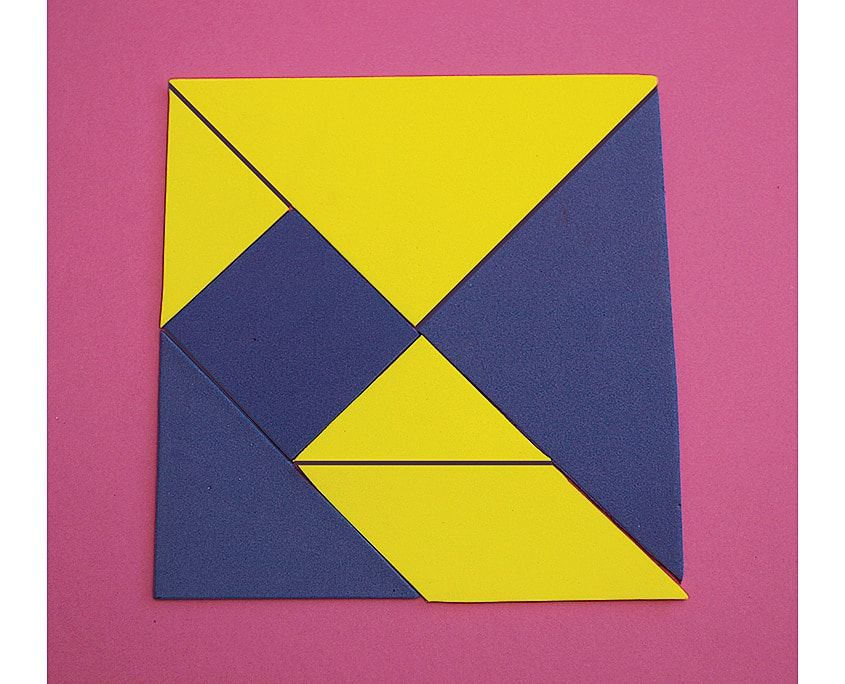 Yedi tangram parçası sarı ve lacivert kartonla bir kare oluşturacak biçimde yan yana dizilmiş