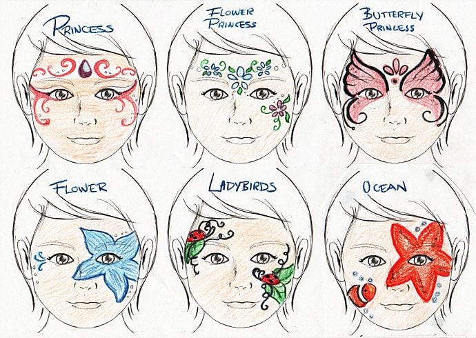 Altı yüz boyama deseni çizimi: prenses tacı, çiçek, kelebek, uğur böceği ve deniz yıldızı motifleri