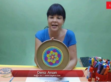 Mandala canlı atölyesinden kare: eğitmen yuvarlak tabak üzerine yapılmış renkli mandalayı gösteriyor