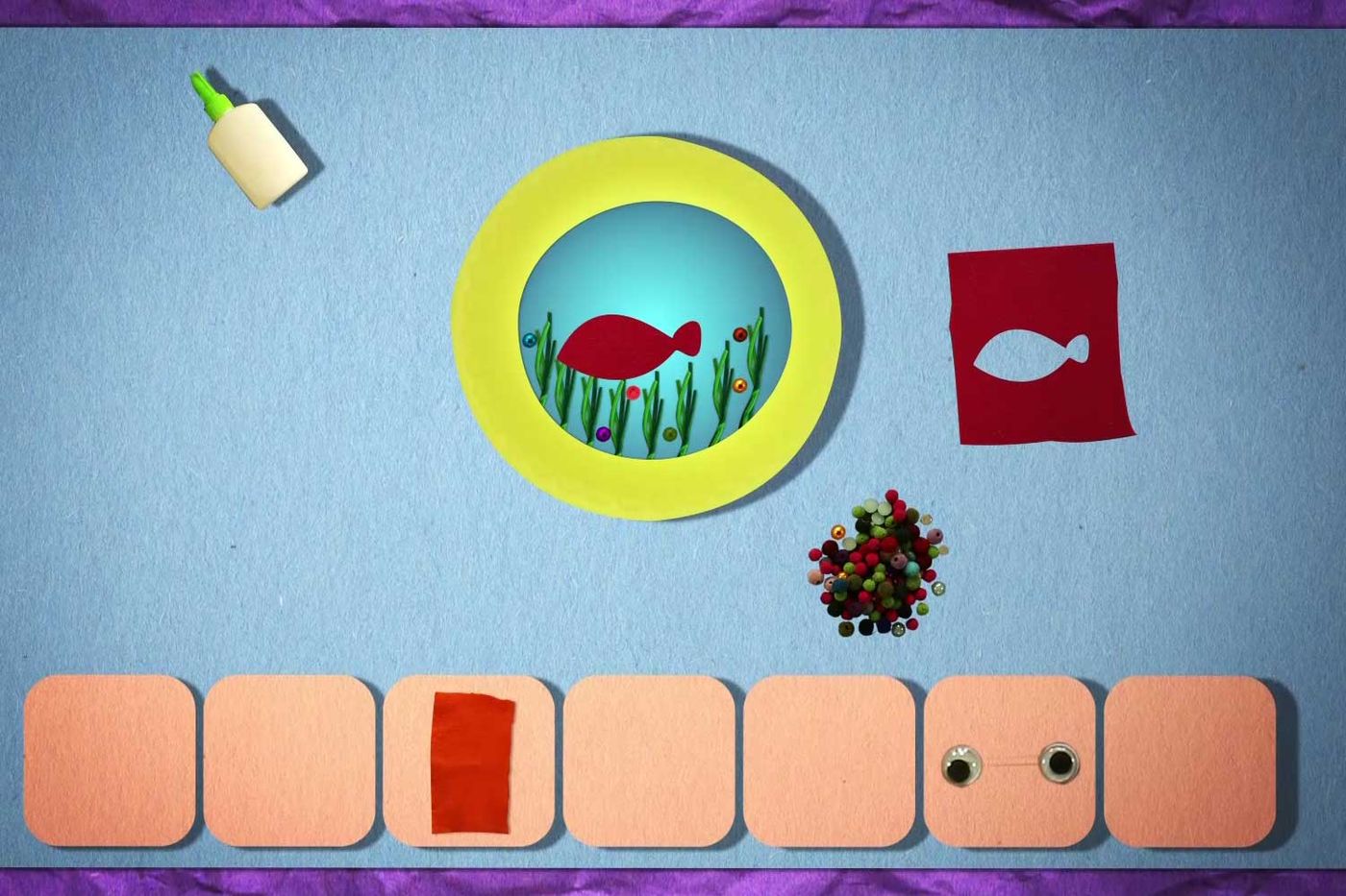 Tabak akvaryumun adımlarını gösteren çizim: sarı halkalı pencere, balık kalıbı ve gözlerle malzeme kutuları