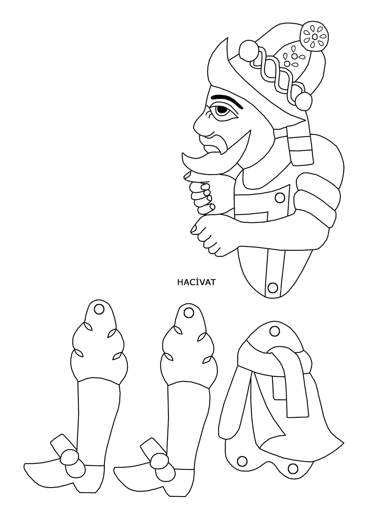Yazdırılabilir Hacivat kukla şablonu: sarıklı ve sakallı baş-gövde, ayrı kesilecek kol ve bacak parçaları