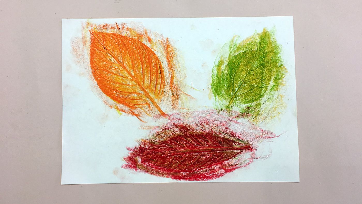 Turuncu, açık yeşil ve kırmızı pastel boyayla kopyalanmış üç yaprak izi, damarları belirgin