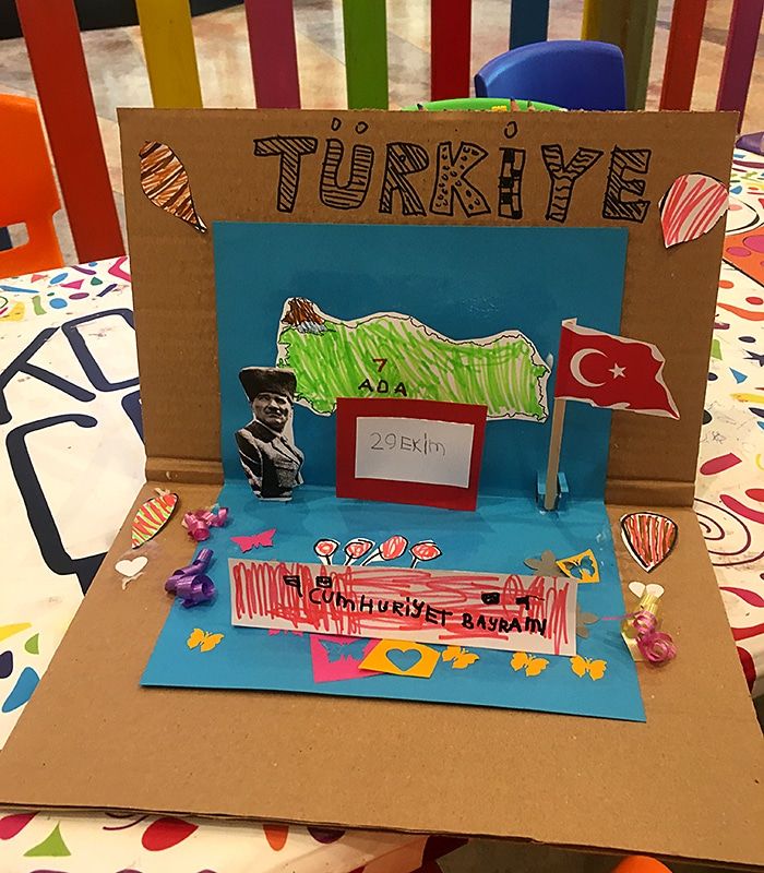 Üstünde büyük Türkiye yazısı ve yeşile boyanmış harita olan karton 29 Ekim panosu, önde çizgili şerit