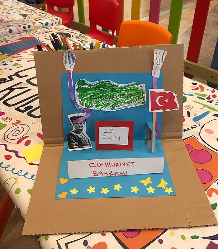 Yeşil boyalı Türkiye haritası, bayrak ve Cumhuriyet Bayramı yazısıyla sade bir 29 Ekim panosu