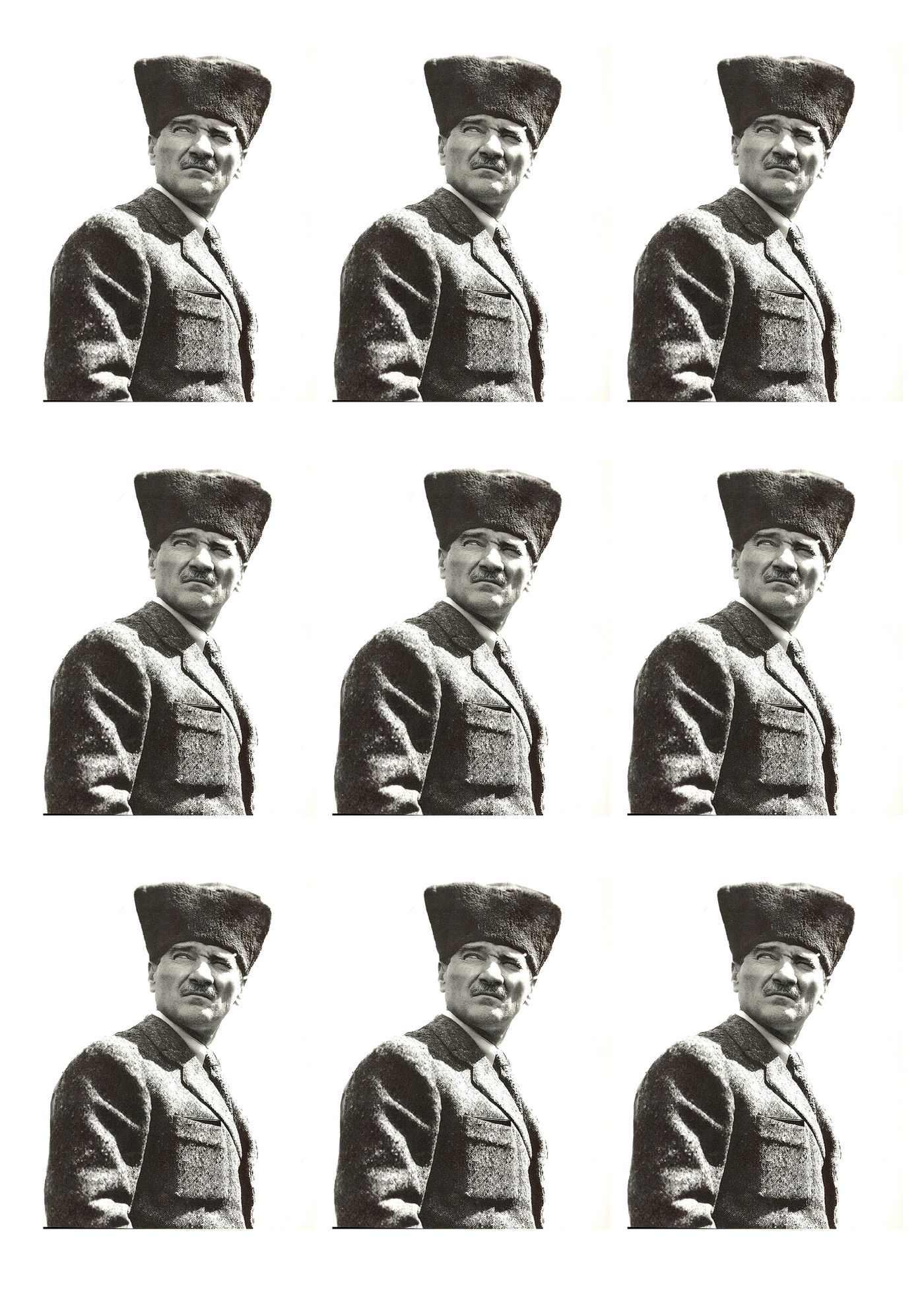 Panoya kesilip yapıştırılacak dokuz küçük siyah-beyaz Atatürk portresi, üç sıra halinde