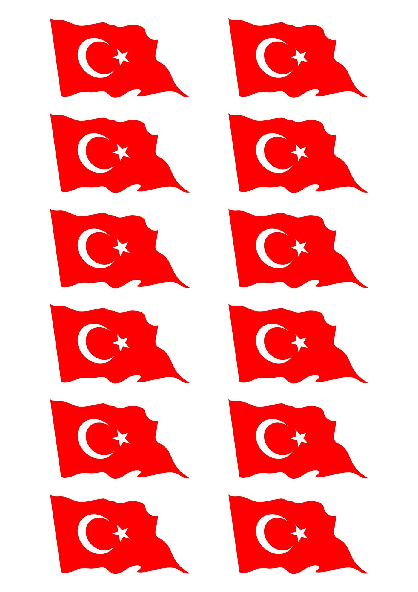 Pano için yazdırılabilir on iki küçük dalgalanan Türk bayrağı, iki sütun halinde