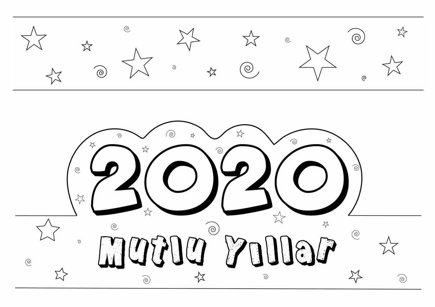 Yazdırılabilir 2020 tacı şablonu: balon harfli büyük 2020 rakamları, altında Mutlu Yıllar yazısı ve yıldızlar