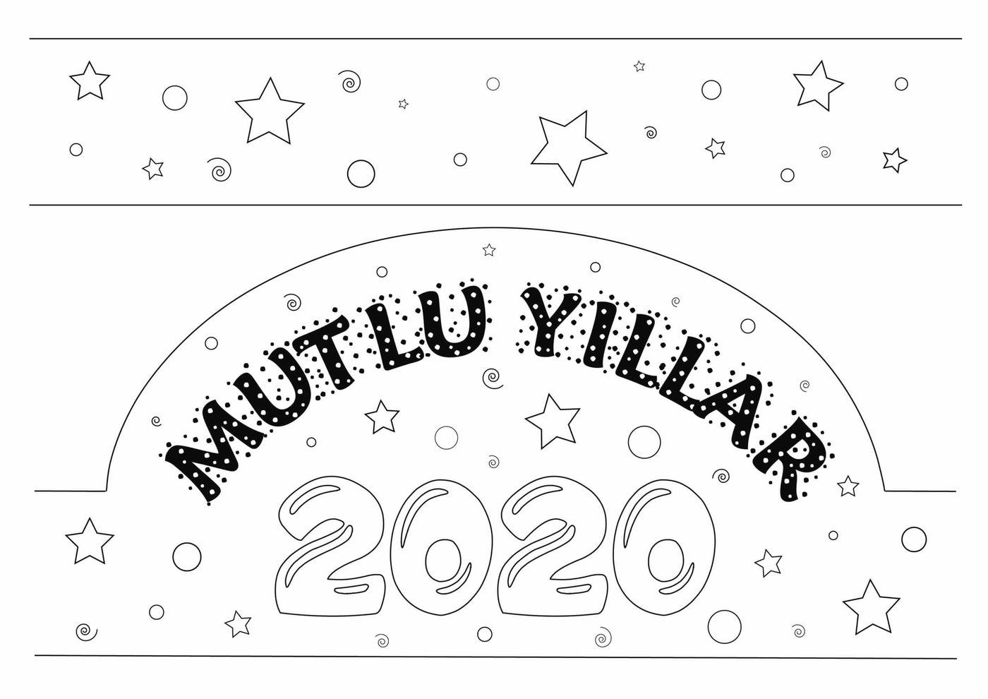 Yazdırılabilir yeni yıl tacı şablonu: kavisli Mutlu Yıllar yazısı ve altında dış hatlı 2020 rakamları