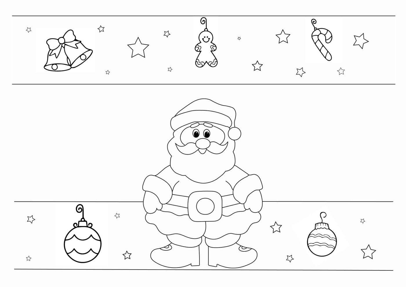 Yazdırılabilir Noel Baba tacı şablonu: ayakta duran Noel Baba, bantta çan, yıldız ve yılbaşı topları