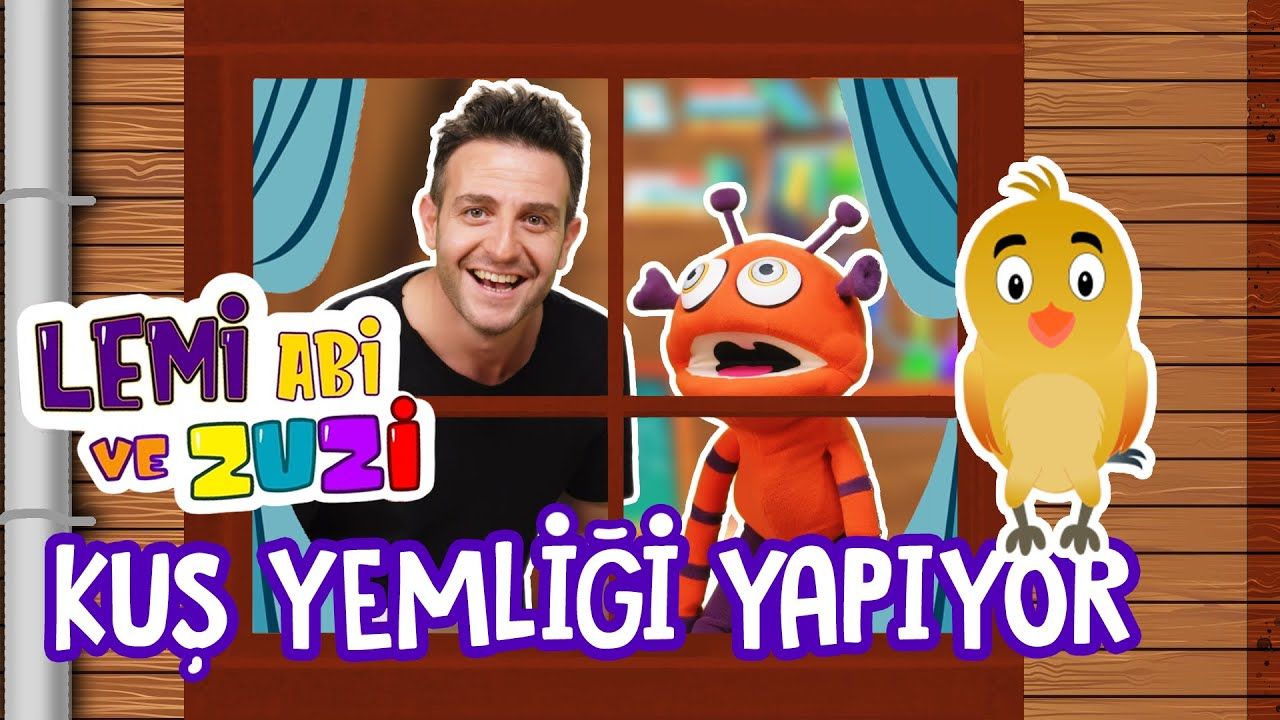 Kuş yemliği yapımı videosunun kapağı: pencerede sunucu, turuncu uzaylı kukla ve sarı kuş çizimi
