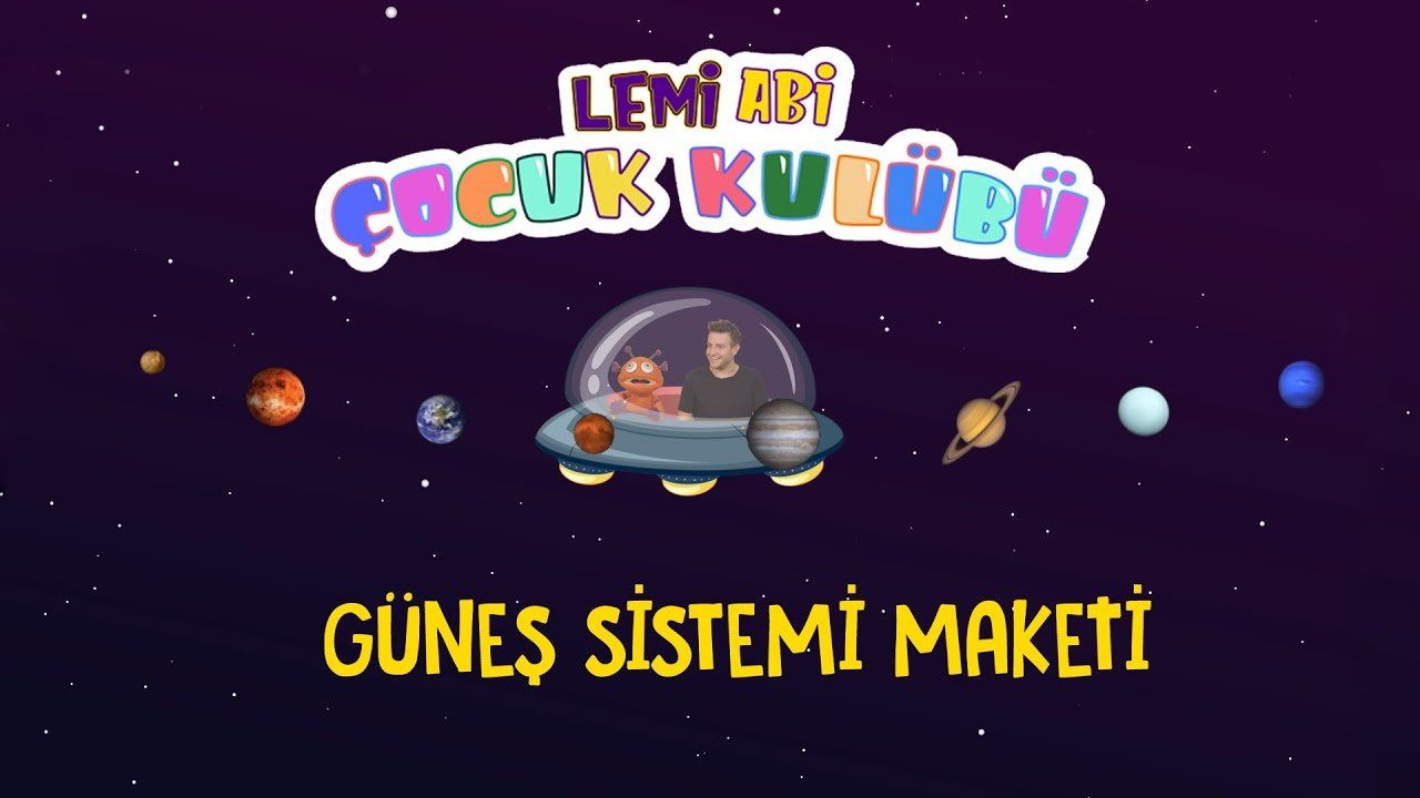 Güneş sistemi maketi video kapağı: mor uzay zemininde gezegenler ve uçan daire çizimi