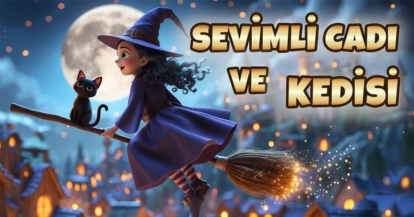 Sevimli Cadı ve Kedisi şarkısının kapağı: dolunay önünde süpürgeyle uçan cadı ve siyah kedi