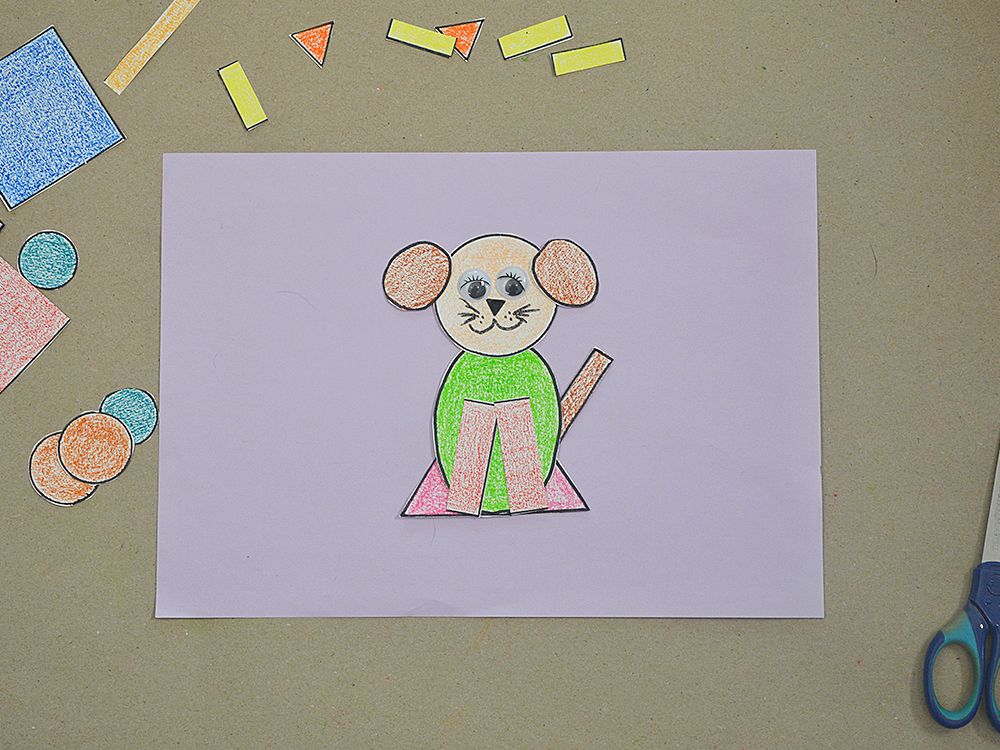 Yeşil gövdeli, yuvarlak kulaklı geometrik köpek lila kağıtta, pembe üçgen ayaklarla tamamlanmış